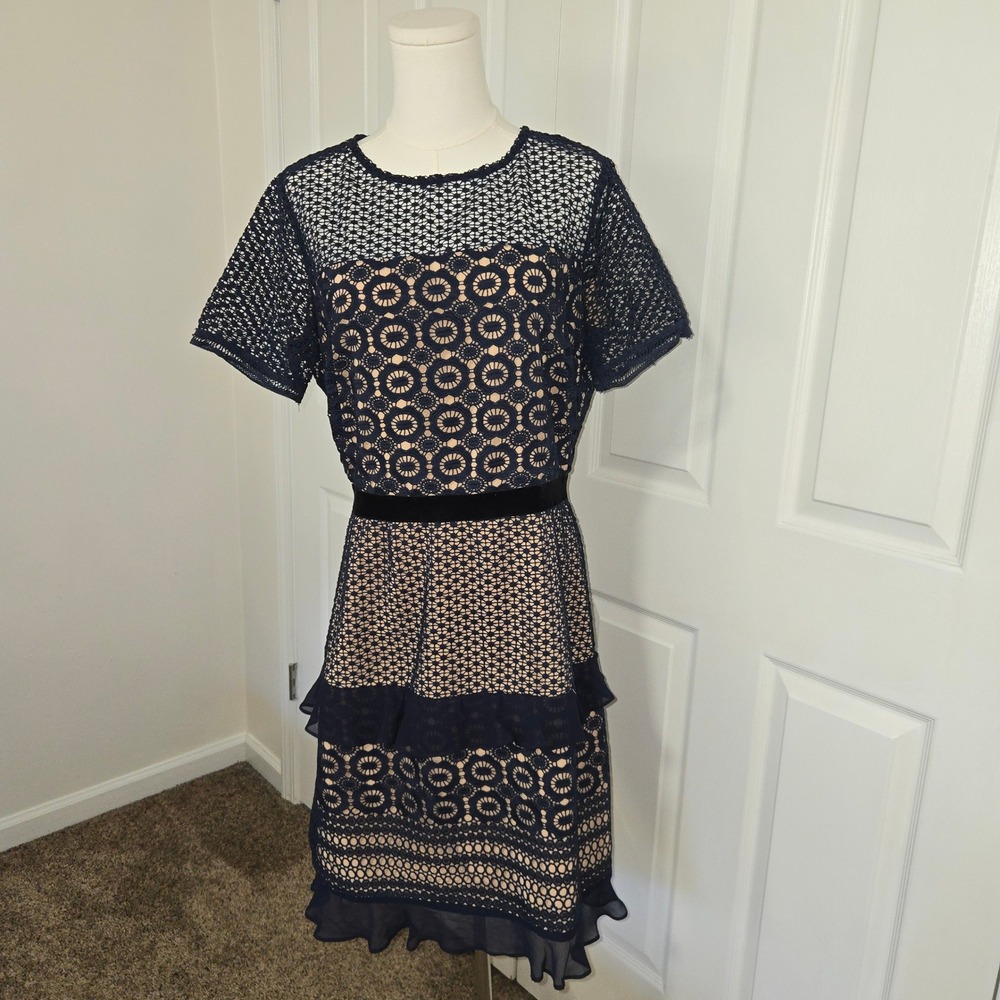 Chelsea28 Lace Tiered Ruffle Dress Womens L Navy Blue Velvet Waist Cocktail